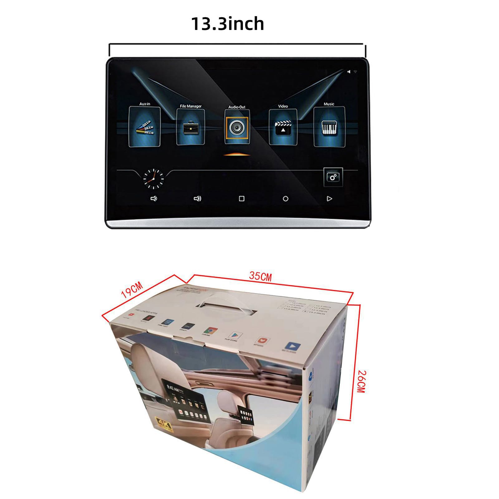 Videoplayer FüR Die KopfstüTze Im Auto, 13,3-Zoll IPS HD Display, 2GB + 32GB, UnterstüTzt Wi-fi/HDMI/USB/FM, UnterstüTzt Kabellose Handyspiegelung, Mit 7 Arten Von AtmosphäRenlichtern