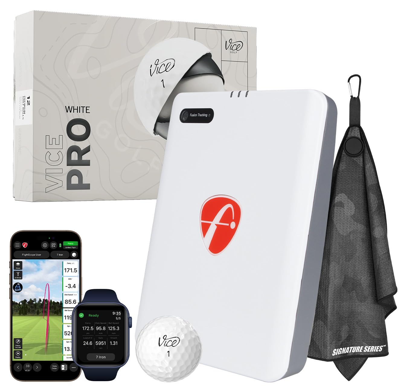 FlightScope Mevo Gen2 Portable Golf Launch Monitor & Simulator with Vice Pro Balls | 18 Data Parameters, 8 E6 Simulation Courses, GPS Overview, Indoor & Outdoor | Signature Series Golf Towel
