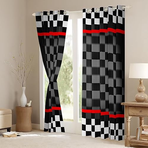 Miniatura 3 de Feelyou Cortinas modernas de cuadros negros y blancos para ventana, diseño de cuadrícula para niños, cortinas de rayas rojas para dormitorio, sala