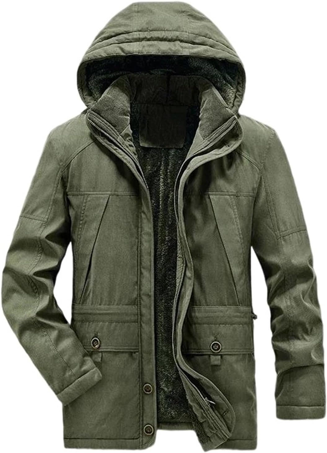 Men's Vintage Army Long Parka Hooded Lamb Fleece Warm Multi Pocket Military Tactical Jacket Outerwear
