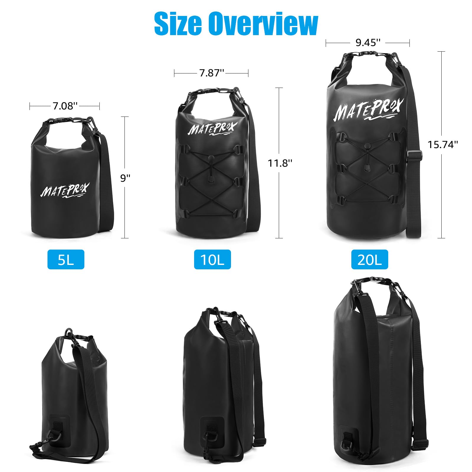 MATEPROX Borsa Impermeabile 5L/10L/20L Dry Bag Galleggiante Sacco Sacchetto Impermeabile per Kayaking Escursionismo Rafting e Campeggio con Tasca Impermeabile per Telefono-20L Nero