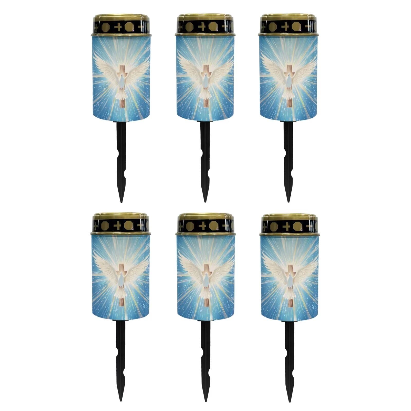 Poceacles Cross Solar Lights Outdoor Waterproof Grave Solar Lights for Cemetery LED Flameless Candle Cemetery Solar Candle Lights Pillar Candles Outdoor Decor, Dove of Peace Cross Blue, Pack of 6
