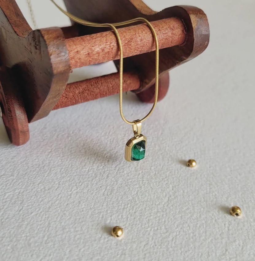 Image of Gold-Plated Teal Green Crystal Pendant Necklace for Women | Anti-Tarnish Chain for Girls | Stylish Jewellery Gift for Her
