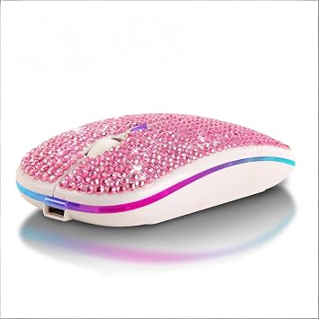 Silent Dual Mode Wireless Mouse with Diamond Inlay, Colorful RGB Light, 3 Adjustable Sensitivity Levels, USB C Rechargeable, Suitable for Office Study & Gift Pink