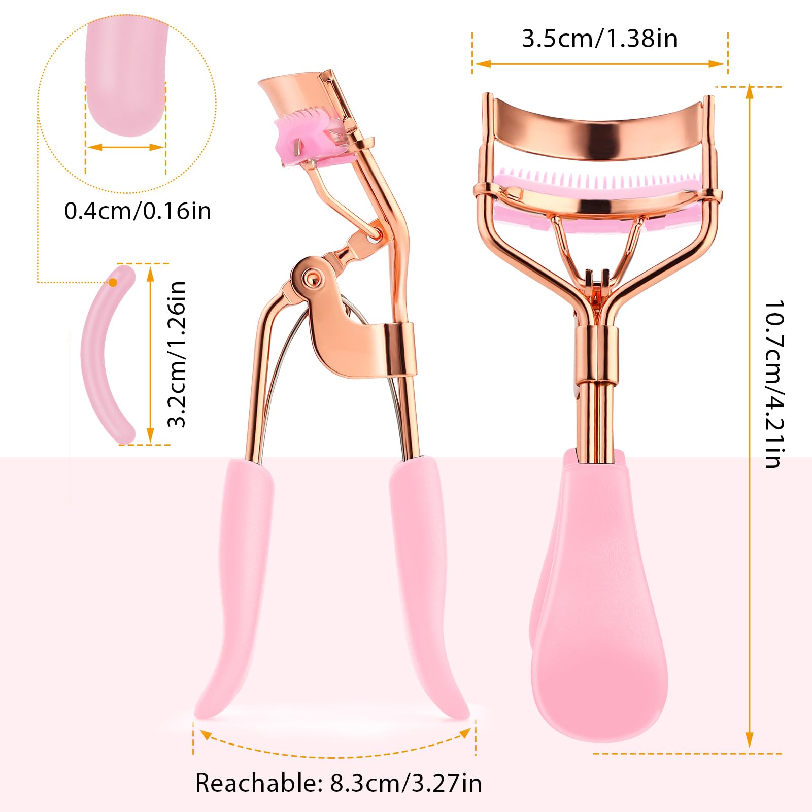 Rizador de pestañas de acero inoxidable con 10 almohadillas de repuesto de silicona, herramienta de maquillaje profesional con peine integrado para mujeres y niñas de todas las formas de ojos