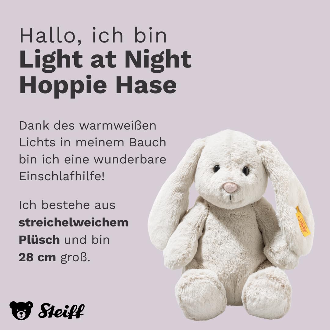 Steiff Kuscheltier mit Nachtlicht Hoppie Hase, Süßes Stofftier mit Kunststoffaugen, Kinder, Jungen & Mädchen, Friends, 28 cm, Hellgrau, 081026