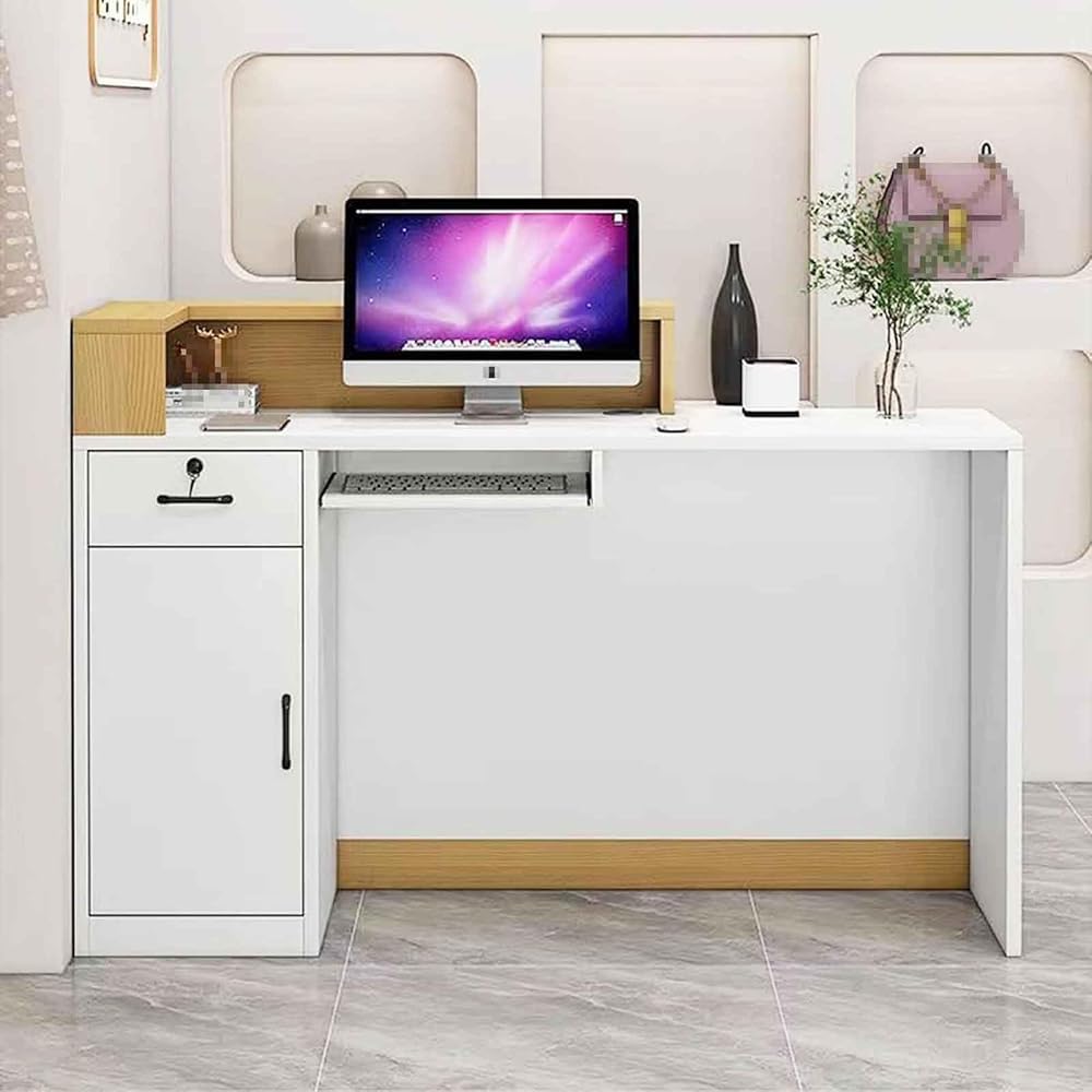 Tavolo da banco per reception, moderno bancone anteriore con cassetto e ripiani, struttura in MDF per ufficio, salone di bellezza e hall