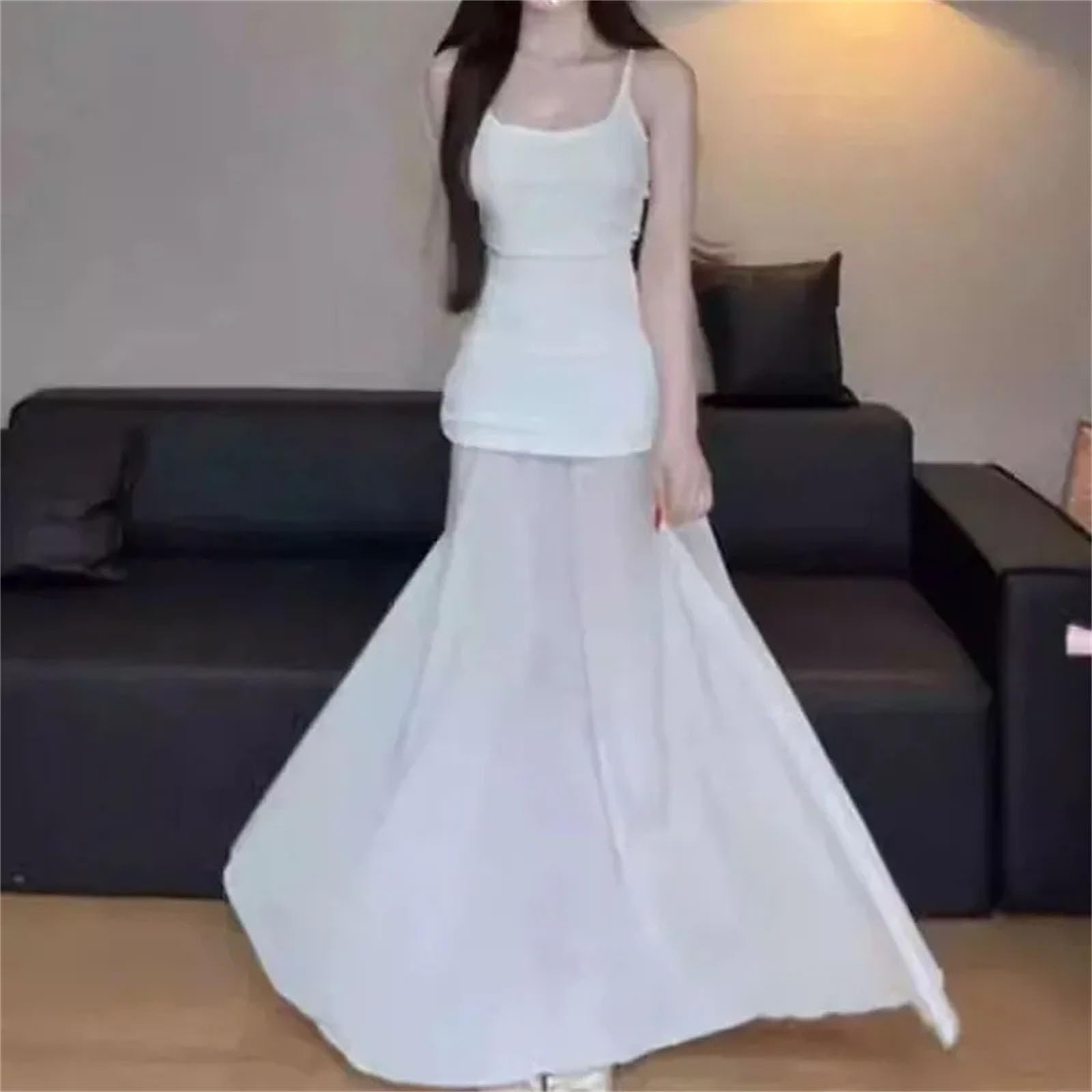 Robe longue à bretelles spaghetti pour femme - En maille transparente - Noir - Pour fête sexy