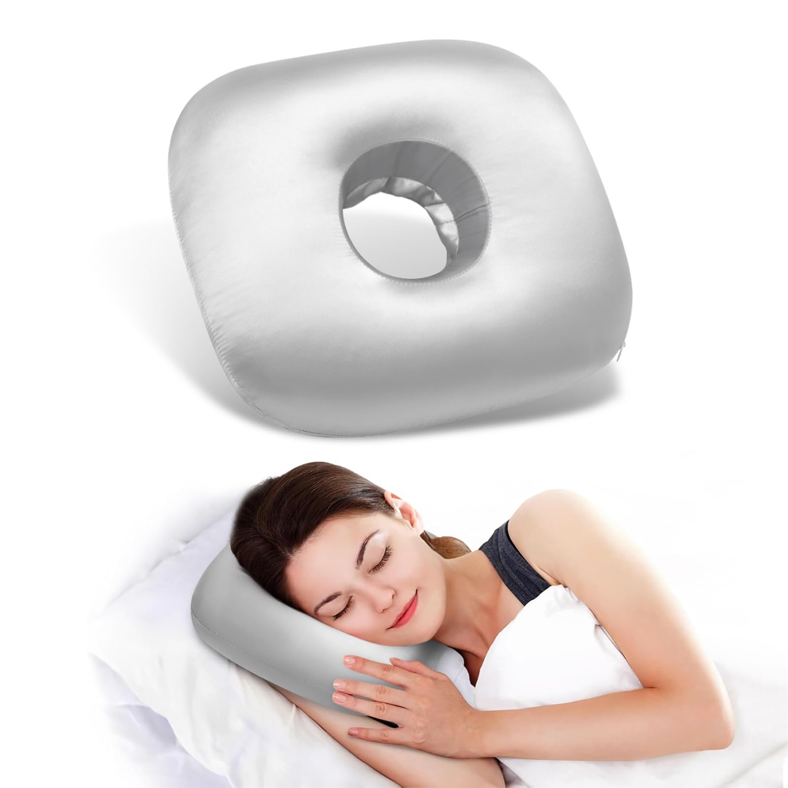 Orthopedic Ear Hole Pillow for Side Sleepers - Relief for Piercing Pain, Ear Inflammation & Pressure Sores - O-Shaped Cotton Sleep Pillow for CNH, Hearing Aids & Sensitive Ears (Light Gray Silk) — image 1