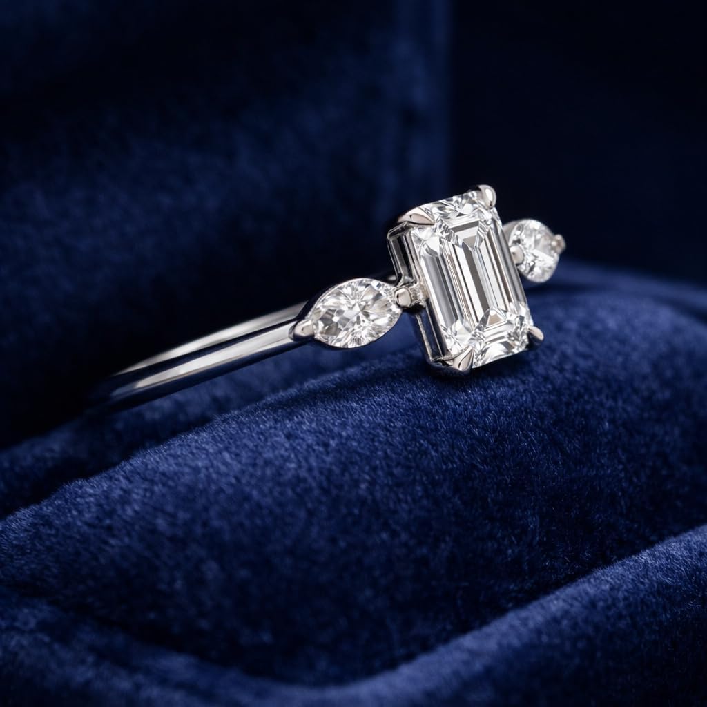 Emerald Cut Moissanite Three Stone Engagement Ring for Women 14K White Gold Marquise Side Stone Solitaire Promise Ring Fine Jewelry Gift