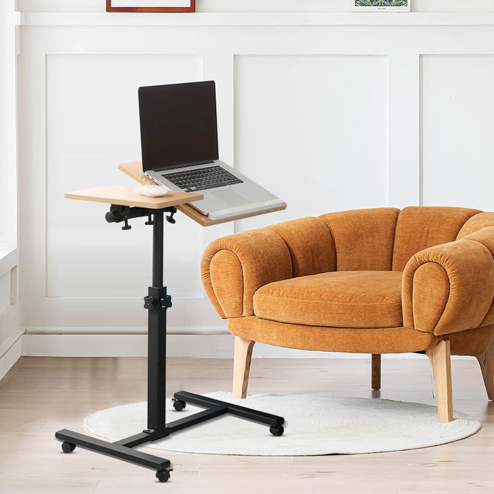 Table de Lit pour Ordinateur Portable à Roulettes - Bureau D'ordinateur Réglable et Pliable avec Rotation 360° - H x l x P: 60 *34.5 *58-90cm, Couleur Bois