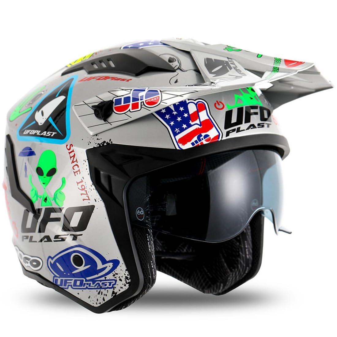 Casco Jet Sheratan Legendary con visiera parasole a scomparsa Trial Street Scooter Moto Argento