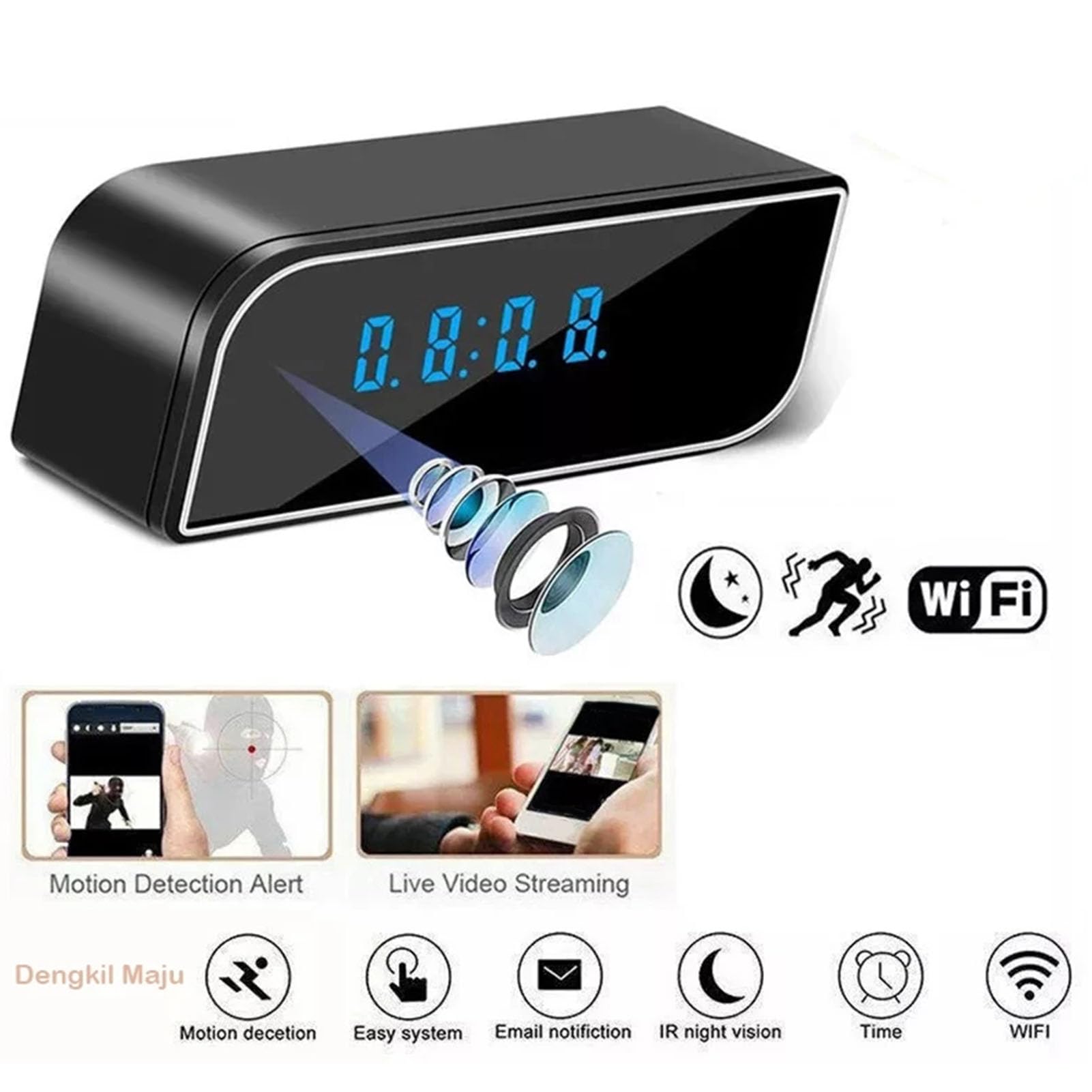 Tosuny Caméra D'horloge Intelligente, Caméra de sécurité WiFi 1080P avec Réveil, Vision Nocturne, Détection de Mouvement et Alerte, WiFi 2,4 G, Vue en Temps Réel, Objectif Grand Angle