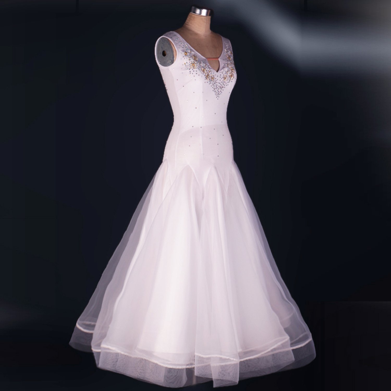 Yc bene donne danza moderna standard da ballo concorrenza abiti danza strass, collo a V bianco costumi espansione gonna per donne Tango Valzer abiti White Medium