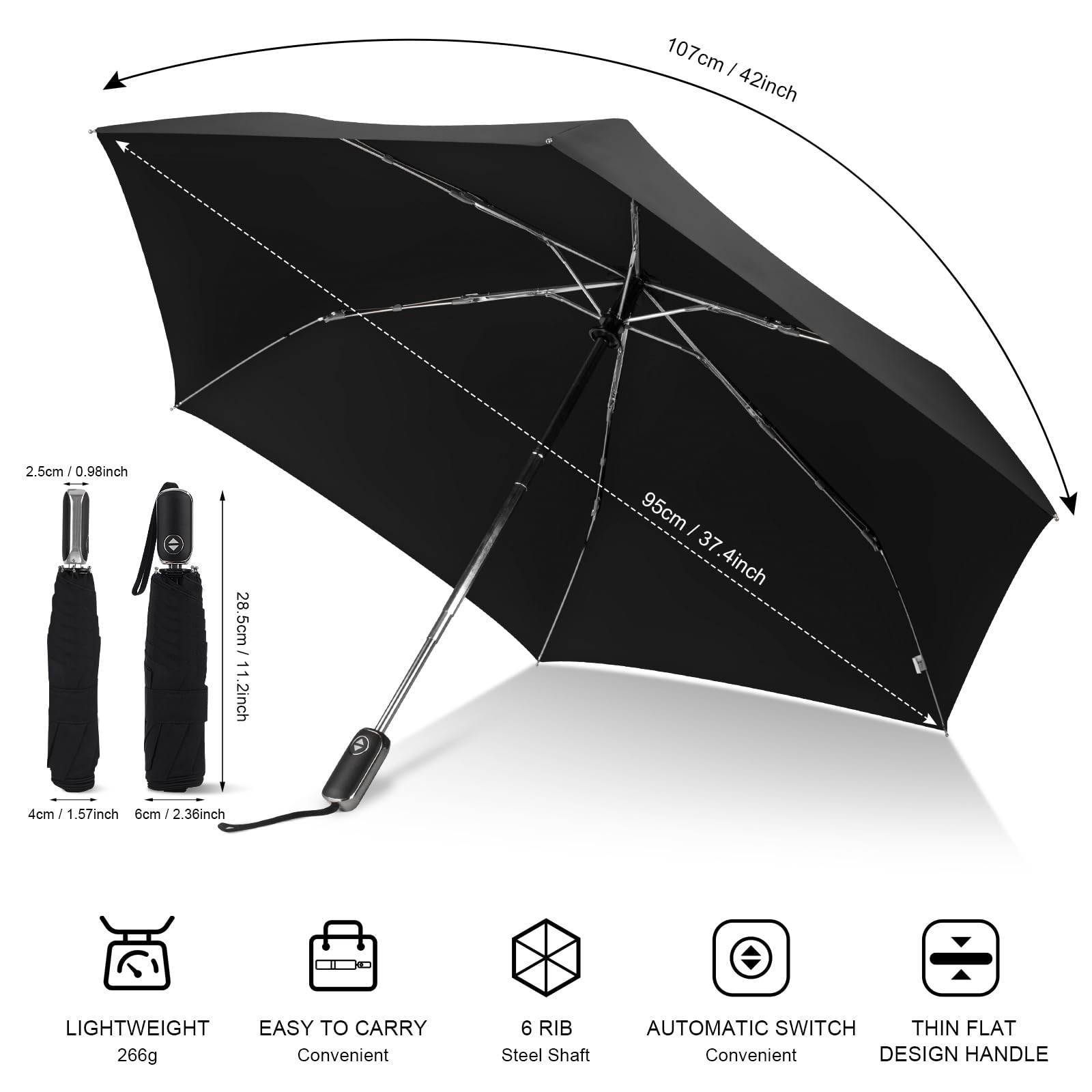 Paraguas de viaje compacto para bolso, mango plano, impermeable para lluvia ligera, 0,5 negro, 42 pulg., Compacto 6