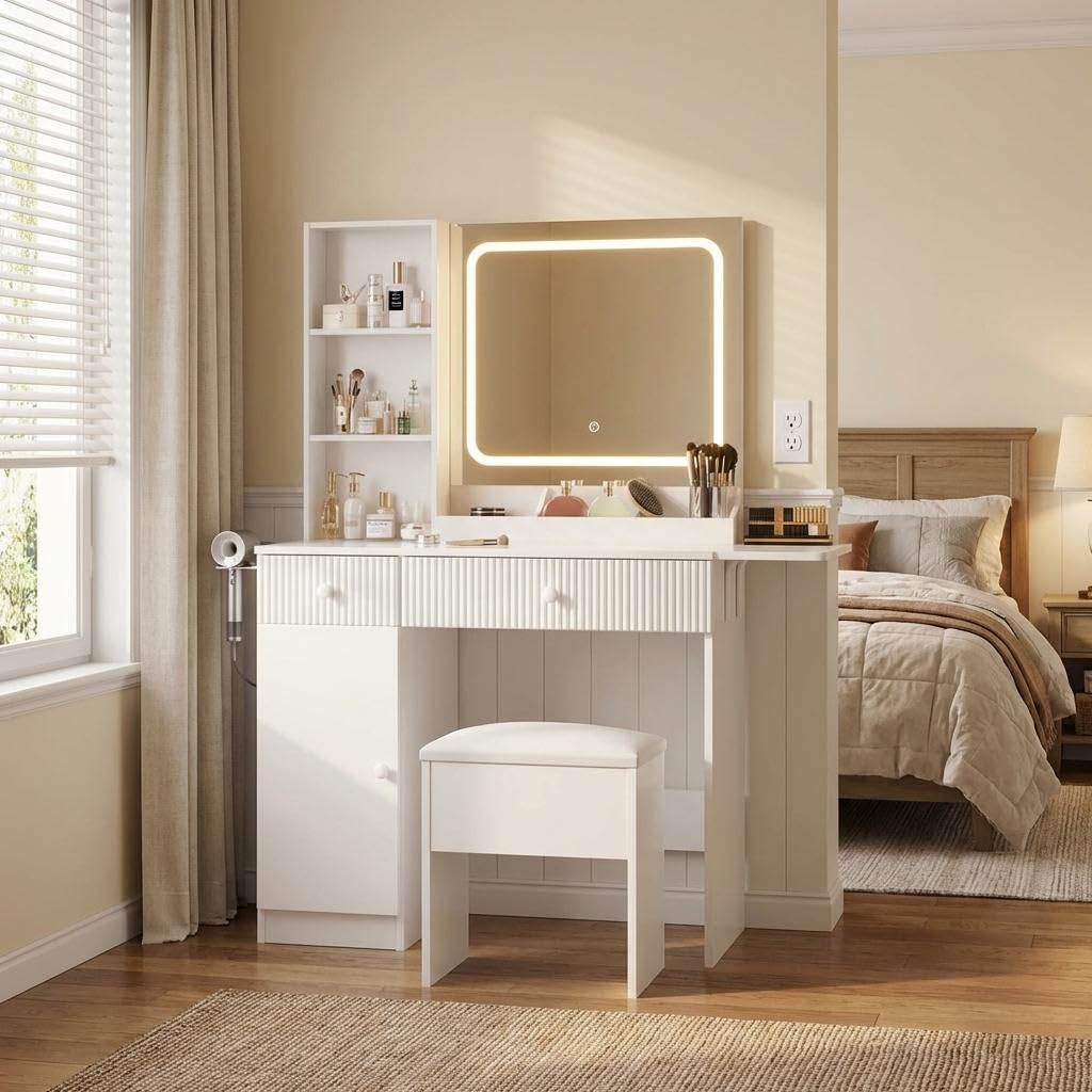 Makeup Vanity with Lighted Mirror, Vanity Desk Foldable Desktop, Power Strip, Adjustable Lighting, Drawers and Cushioned Stool, Dressing Table for Bedroom, White