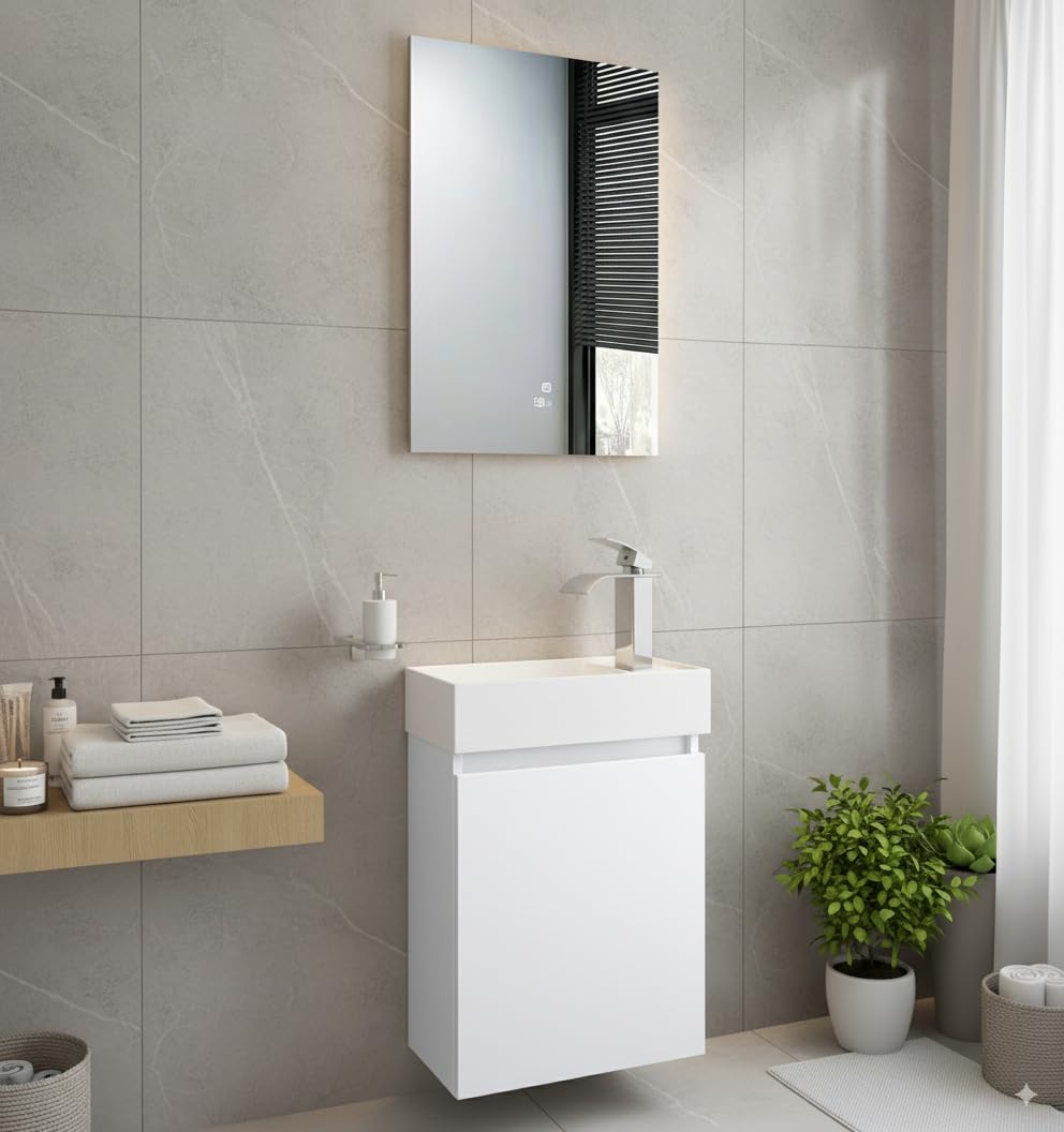 Faizee Home Badmöbel Set Weiß – Waschbeckenunterschrank mit Keramik Waschbecken & Armatur – Kompakter Badezimmerschrank Badschrank ohne Spiegel für Gäste WC & kleine Bäder