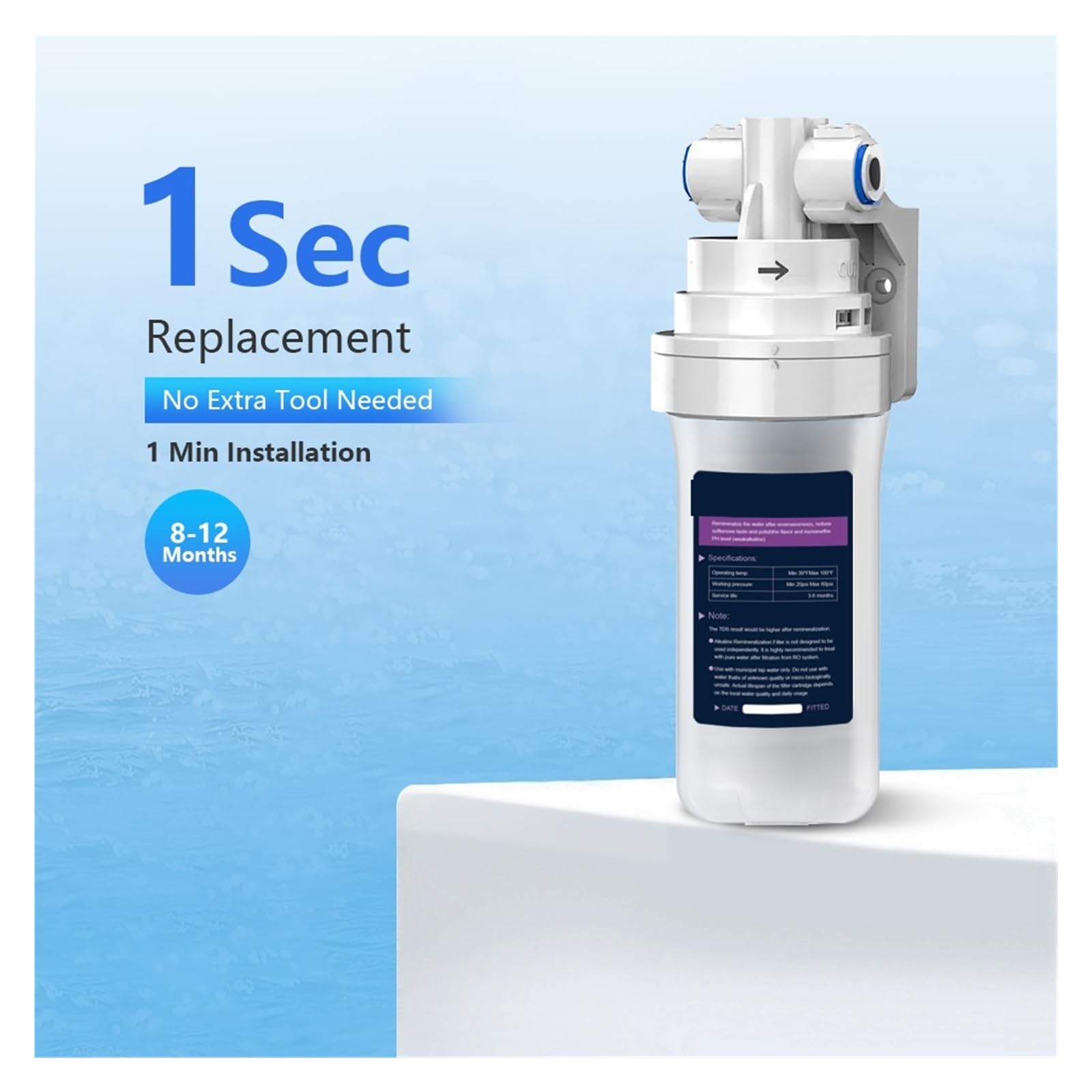 Filtro de agua de ósmosis inversa multietapa, Filtro de remineralización alcalina debajo del fregadero H1-A, de ósmosis inversa de perilla rápida Fácil de instalar, con diseño a prueba de fugas (Colo