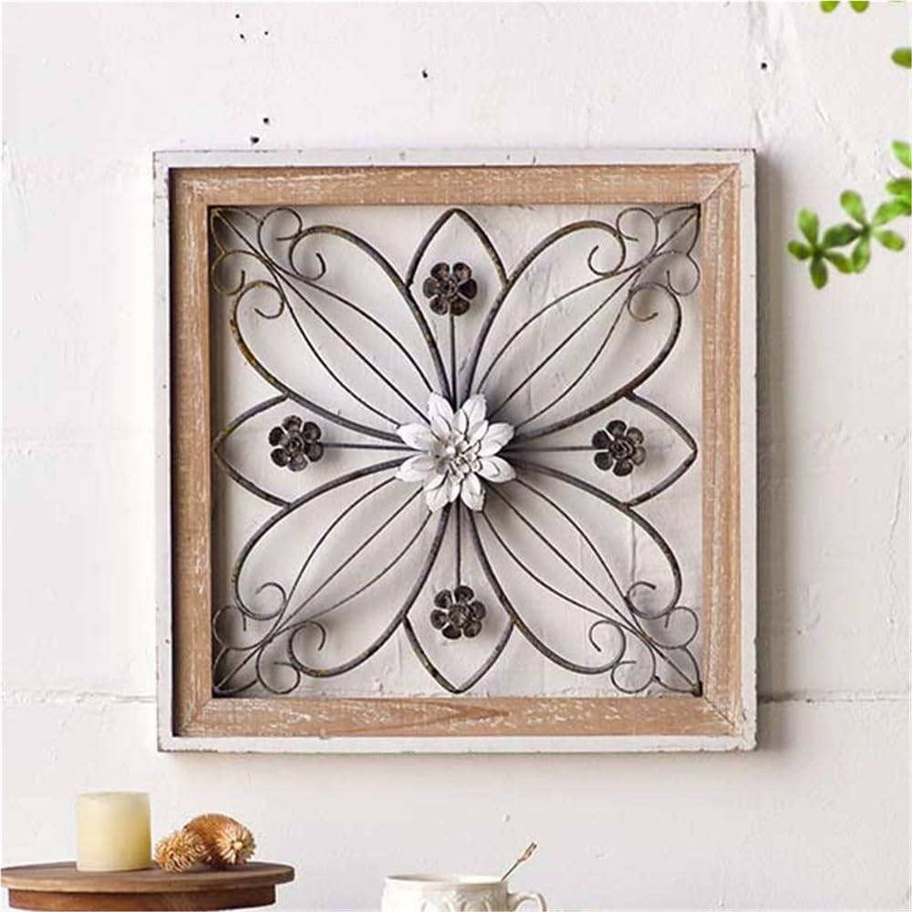 Tableau Mural Floral en Bois et Métal 41x41 cm Style Campagne Chic