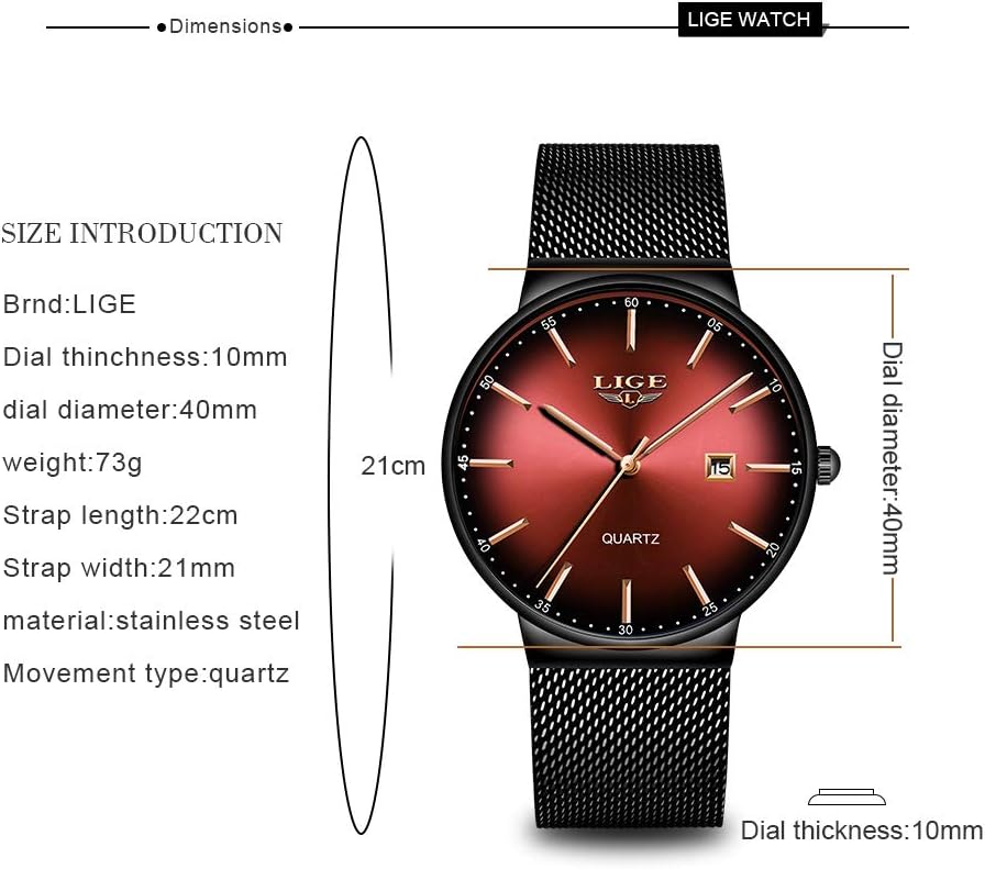 Diagram showing dimensions and size introduction of LIGE LG9903 watch