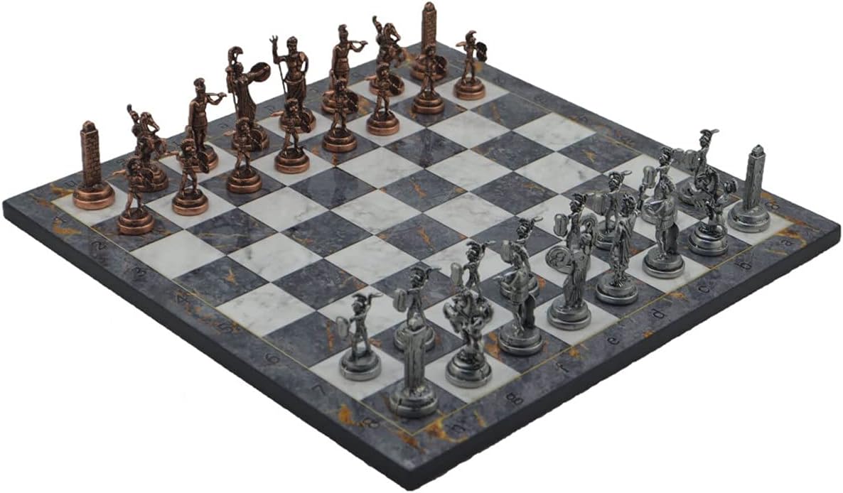 Metal Chess Set for Adults Greek Zeus Antique Copper Figures,Handmade Pieces and Different Design Wooden Chess Board (Gray Marble)