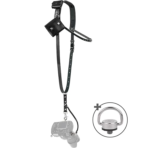 C Coiro Leather Camera Strap for One Camera - Professional Padded Single Leather Harness Shoulder Strap with Sd Card Holder & Battery Holder, Quick Release Gear for DSLR/SLR, Black - Padded - Black