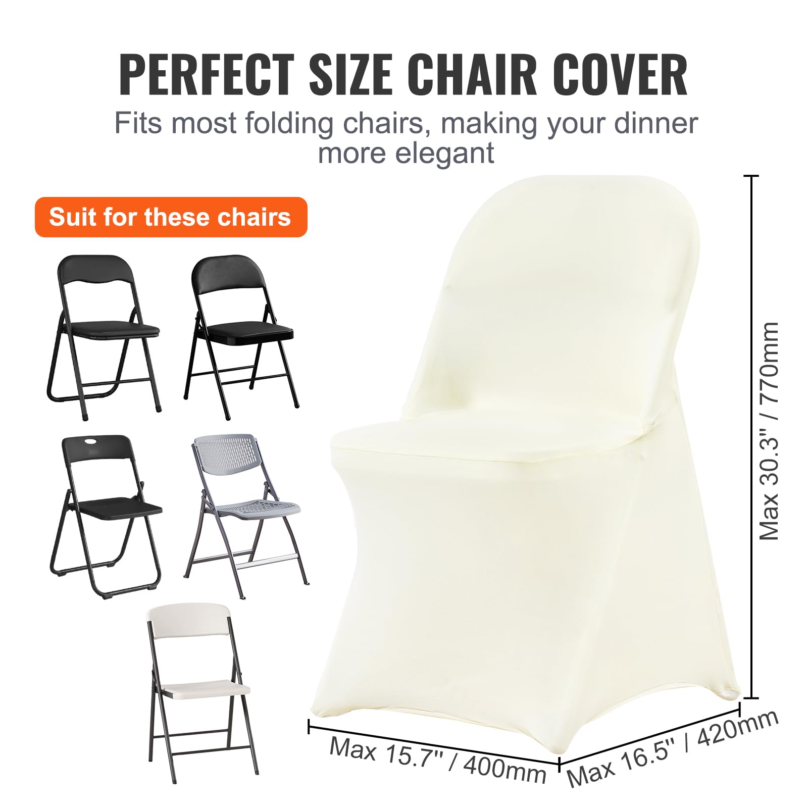 VEVOR Coprisedie Pieghevoli in Spandex Elasticizzato, Coprisedie Universali, Fodere Protettive Lavabili Rimovibili, Matrimoni, Banchetti, Feste, Celebrazioni, Sala Pranzo (30 Pezzi Bianco Avorio)