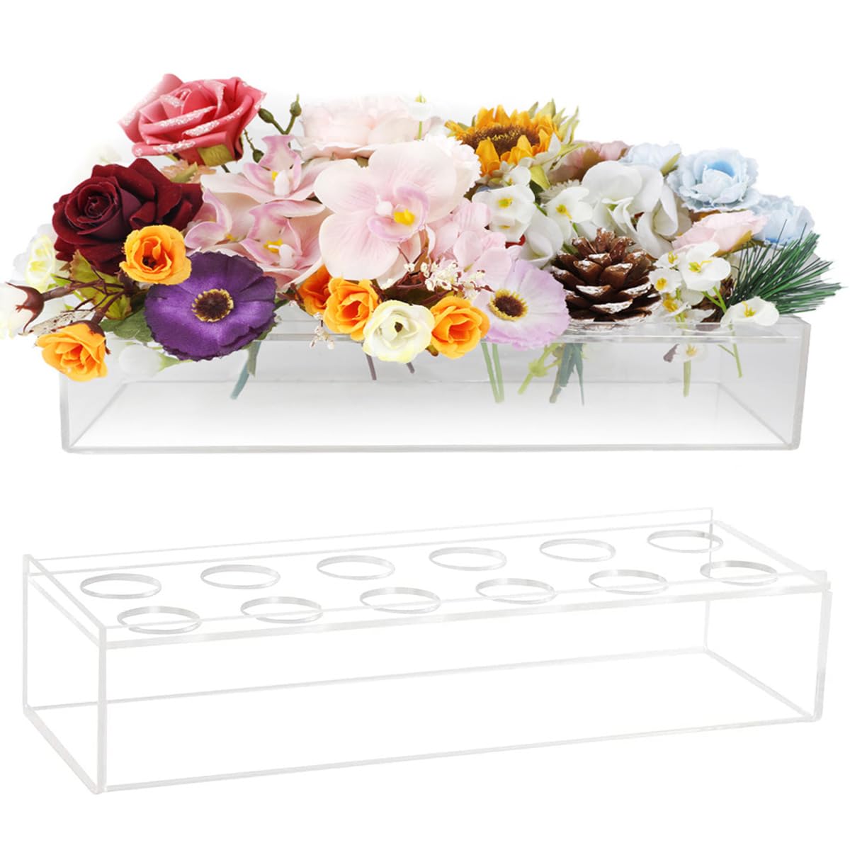 Flower Vase Acrylic Rectangular Floral Centerpiece for Dining Table, Long Rectangle Vase Decorative Clear Vase for Home and Weddings Decor - Flowers not Included