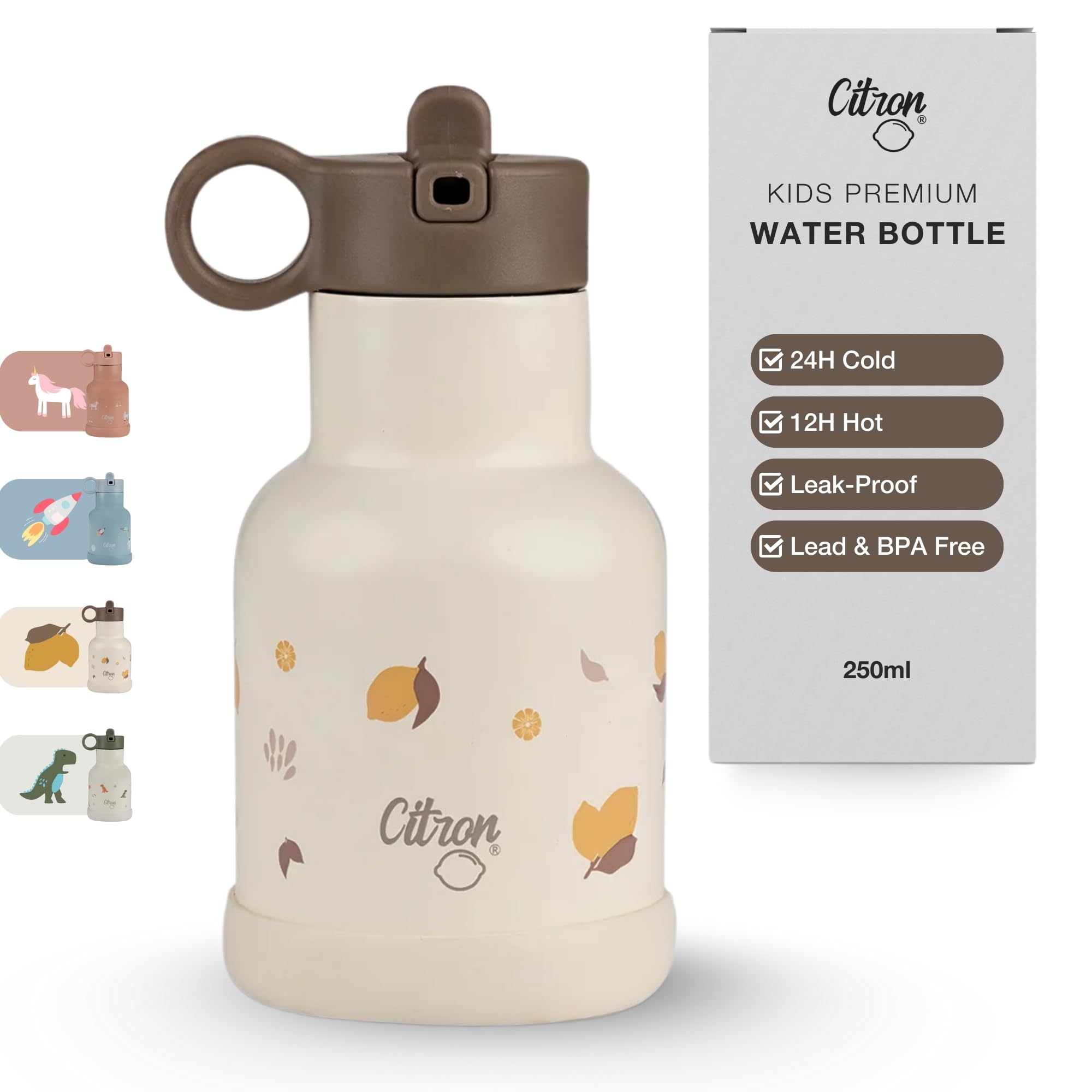 Citron Stainless Steel Insulated Water Bottle Kids 250ml – BPA & Lead-Free, Vacuum Seal Leak Proof Straw Lid, Kids Metal Water Bottle – Keeps Liquids Cold for 24 Hours & Hot for 12 Hours - 8.45 oz