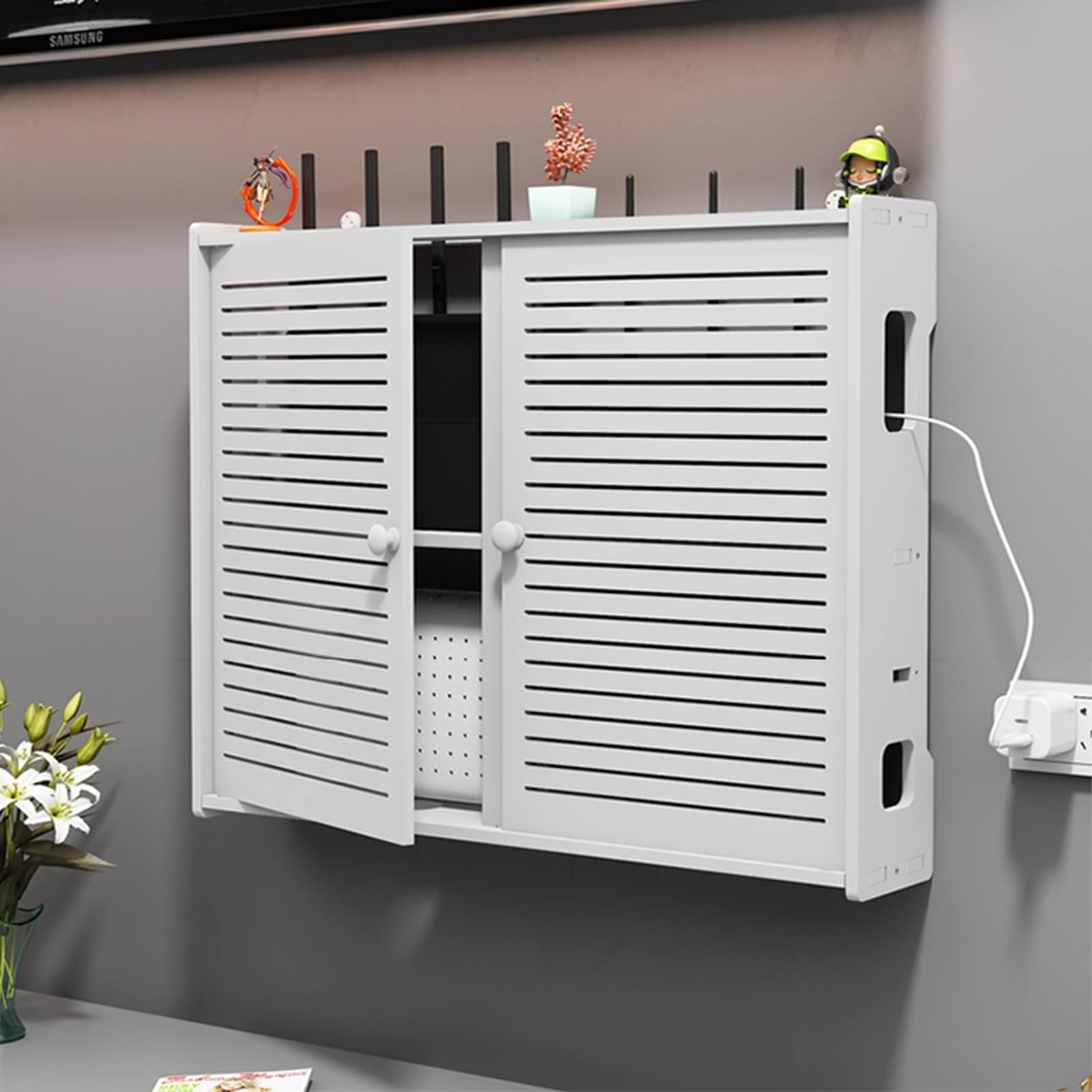 Router pudełko do przechowywania, białe, ścienne, kabel telewizyjny, białe przesuwające się regały, do salonu, modem kablowy, osłona routera, multifunkti (White A)