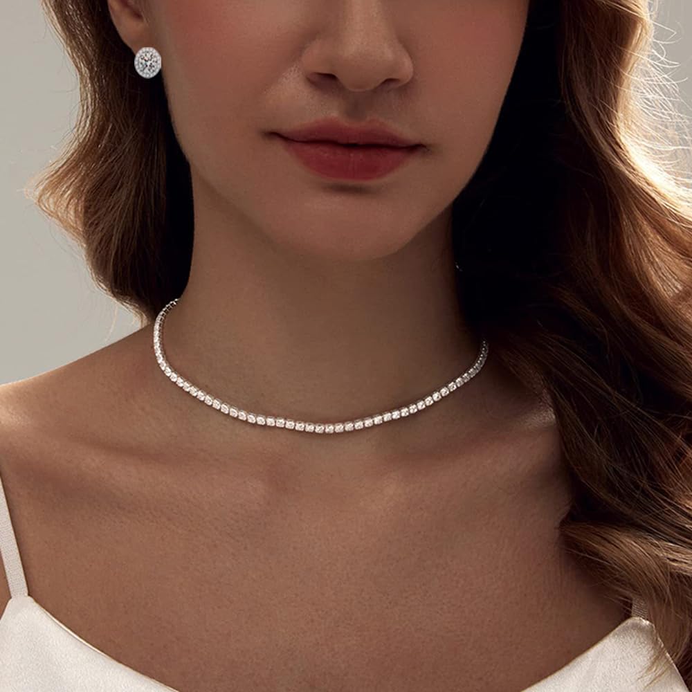 Silver Tennis Necklace and Bracelet Set for Women Wedding Jewelry Sets for Brides Earrings Prom Bridesmaid Jewelry