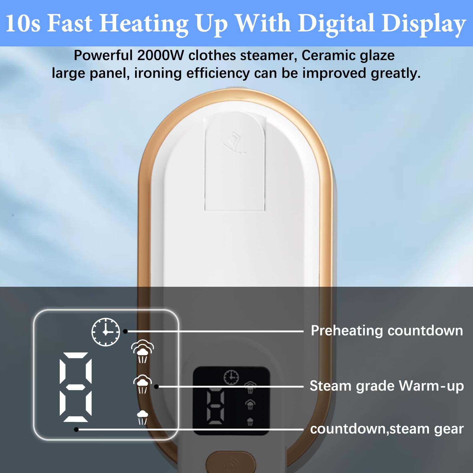 Steam Iron Travel Steamer with LCD Screen, 10S Fast Heat-up 2000W Steamer Clothing with 180° Rotatable Handle, Portable Handheld Clothes Steamer, 3 Steam Levels for Travel, Home, Office Y