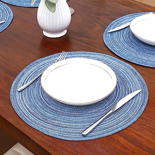 Image of SHACOS Round Braided Placemats Set of 6 Circle Place Mats Kitchen Table Mats for Dining Table Wedding Party (Blue Gray, 6)