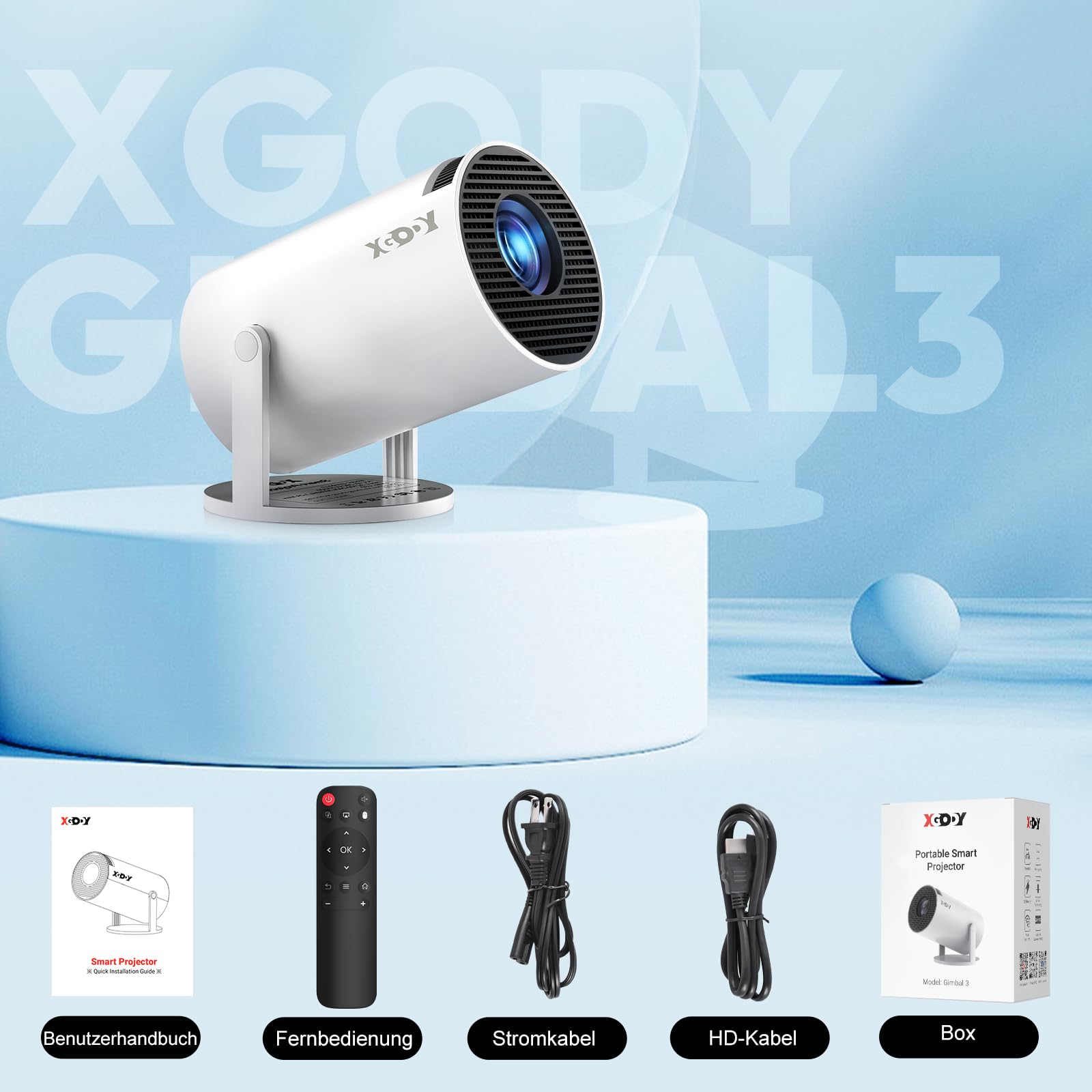 Mini projektor [2025 Upgraded & Android 11.0] Native 720P HD, obsługuje 4K 1080P, Xgody Gimbal 3 New przenośny projektor 12000 lumenów, WiFi 6, Bluetooth, Auto Keystone, projektor wideo do kina
