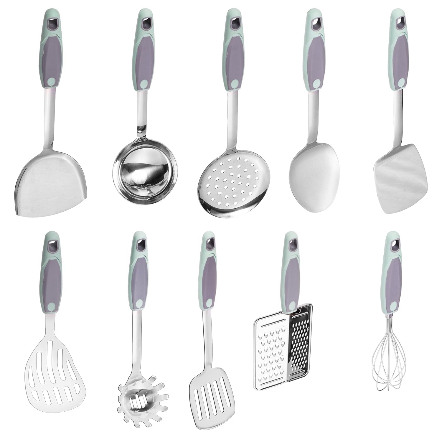 10PCS Cooking Utensils Set, HIFIND Stainless Steel Utensils Set Non Slip Handle Heat Resistant Kitchen Cooking Tools Durable Metal Utensil Spatula, Spoon, Whisk, Ladle, Pasta Fork