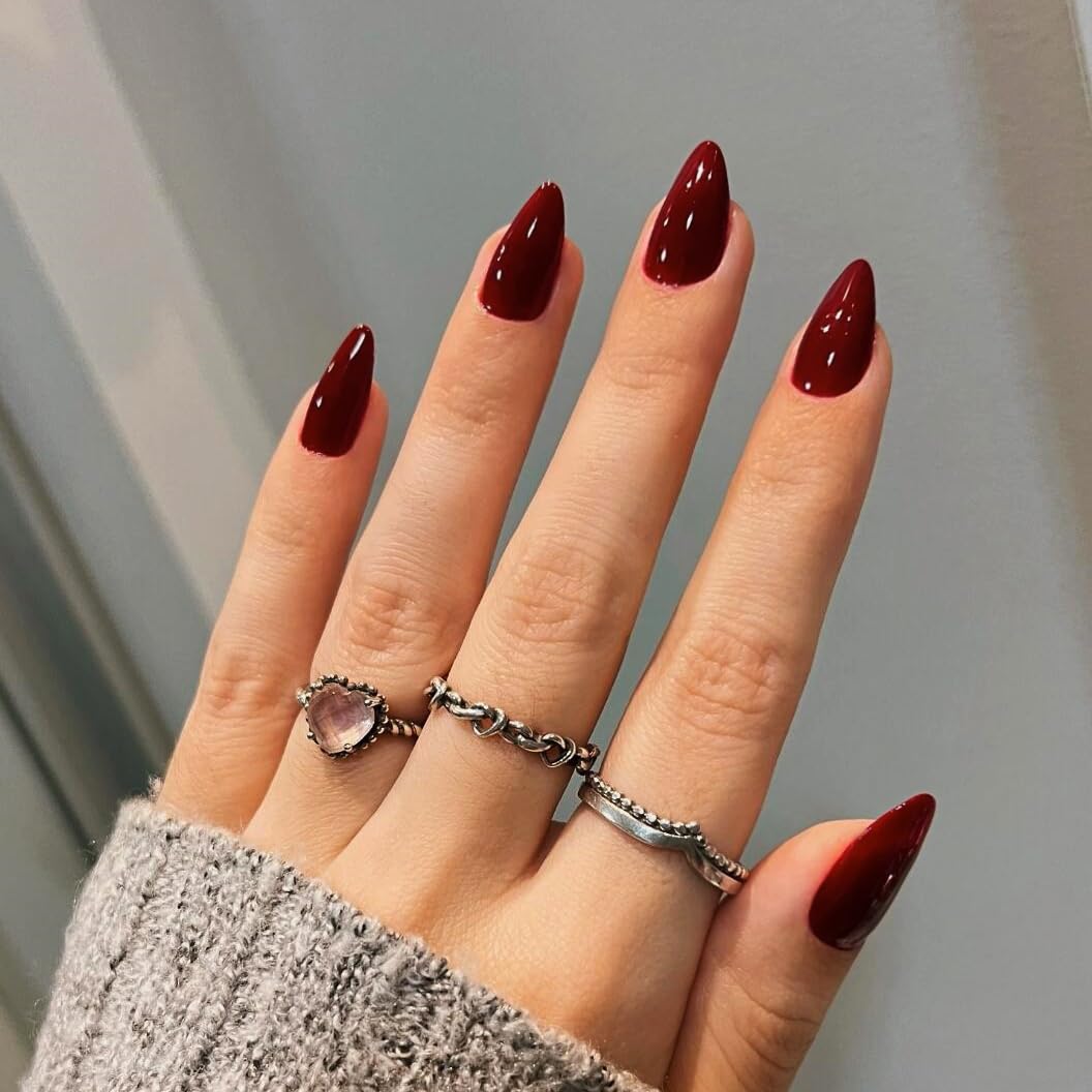KQueenest 30 Pcs Dark Red Press on Nails Short Almond, Short False Nails Almond - Image 3