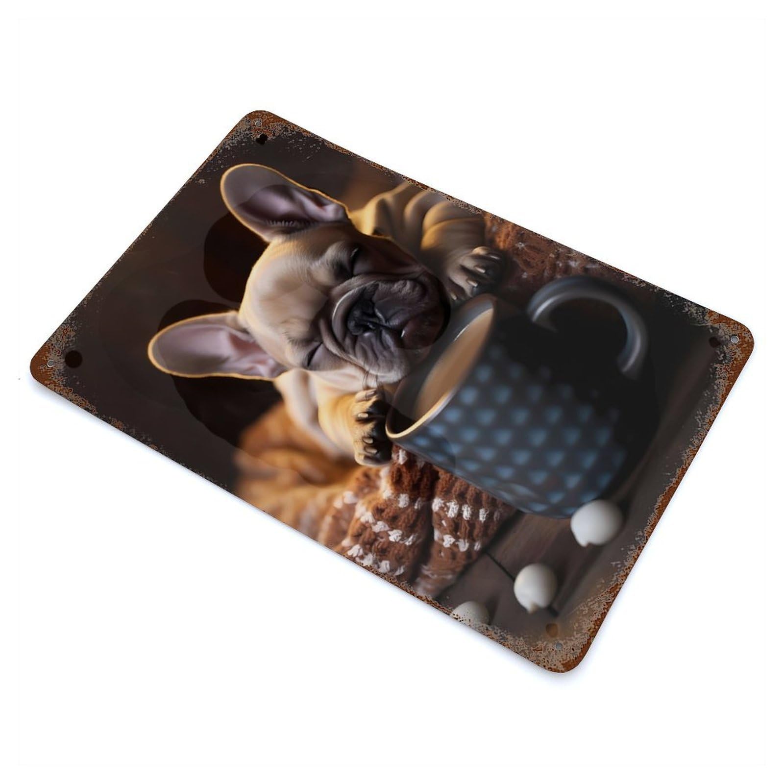 Rust Effect French Bulldog Pup Coffee Vintage Rust Metal Sign 11.8"x7.9", Classic Wall Plaque for Shed, Workshop And Garage Wall Decor