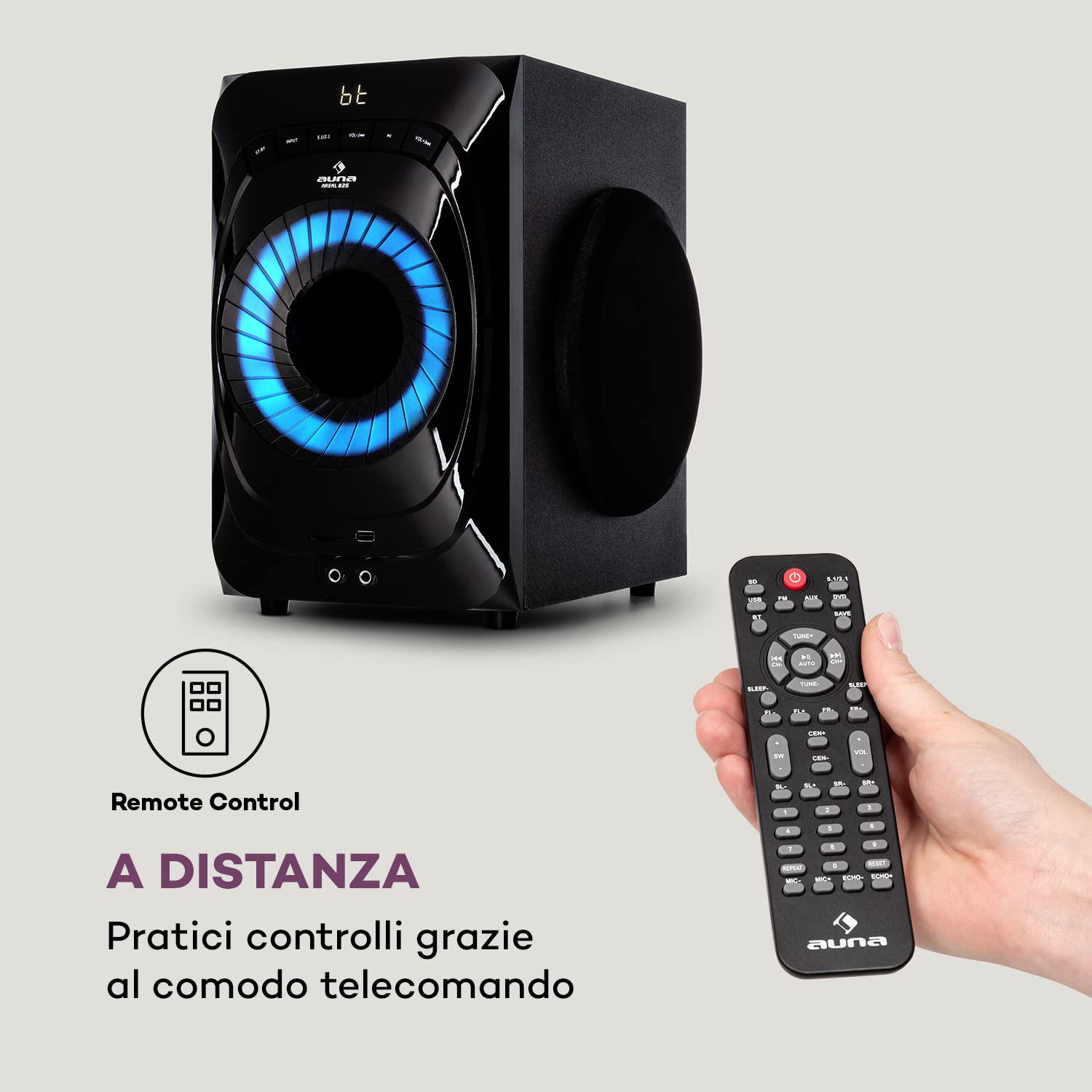 Auna Areal 825 - Sound System 5.1, Impianto Home Cinema 5.1, 200 Watt di Potenza RMS, Subwoofer Home Cinema da 8" + 5 Altoparlanti, Bluetooth, USB, SD, AUX, Telecomando incl., Nero
