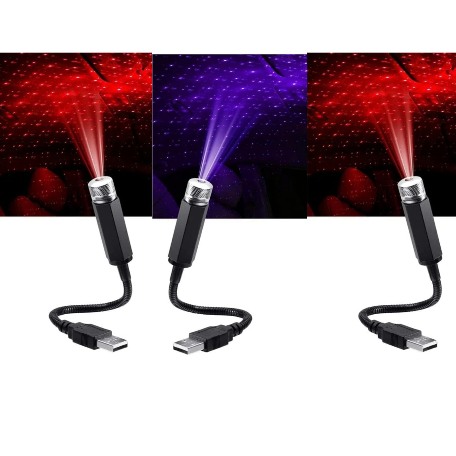 Aevdor 3Pcs USB Star Night Light - 3 Colors, 7 Lighting Modes, Car Roof Lights, Portable Adjustable Romantic Decor for Bedroom, Party, Car Interior Ceiling - Plug and Play (Blue Red)