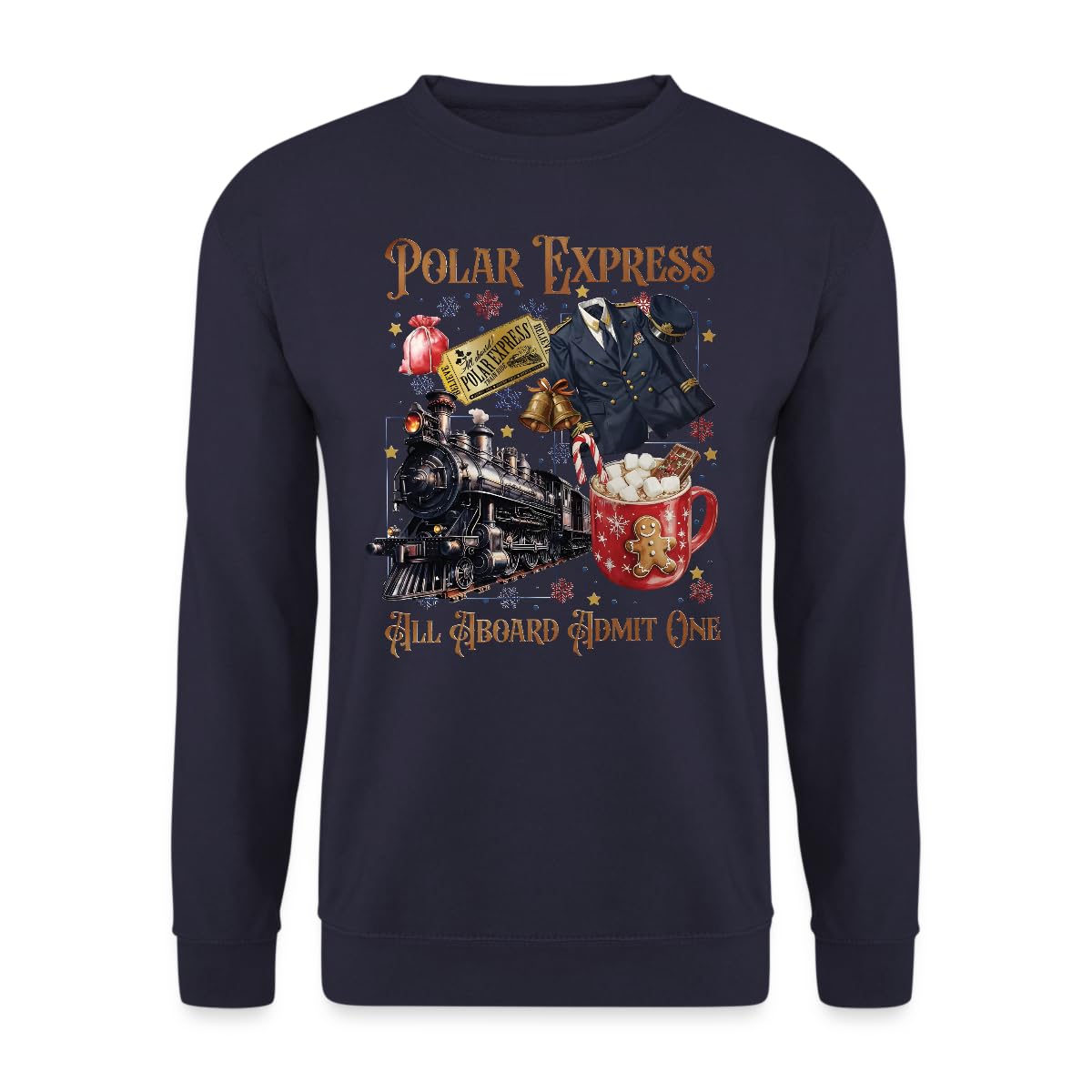 Unibly Men's Navy Blue Polar Express All Aboard Admit One Christmas Jumper, L