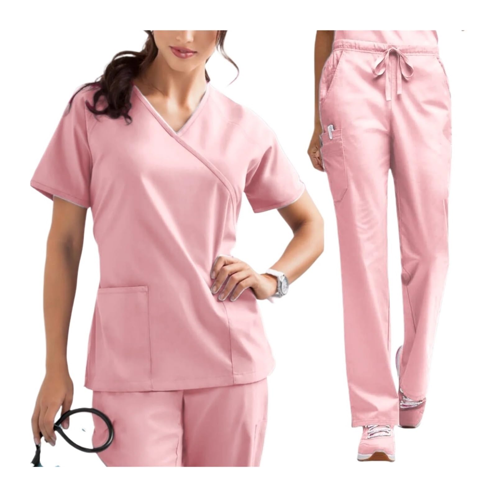 OP-Bekleidungsset, Uniformen, Stretch-Tops, gerade Hosen mit Tasche, Krankenschwester-Uniform, Chirurgie, Sweet Spa, Schönheitssalon, Arbeitskleidung(Pink,L)