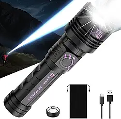 SKYFIRE Lanternas recarregáveis de alto lúmens: lanterna LED super brilhante com zoom com 5 modos IPX6 à prova d'água e potente luz de flash para acampamento, emergências, casa e presentes (com lente