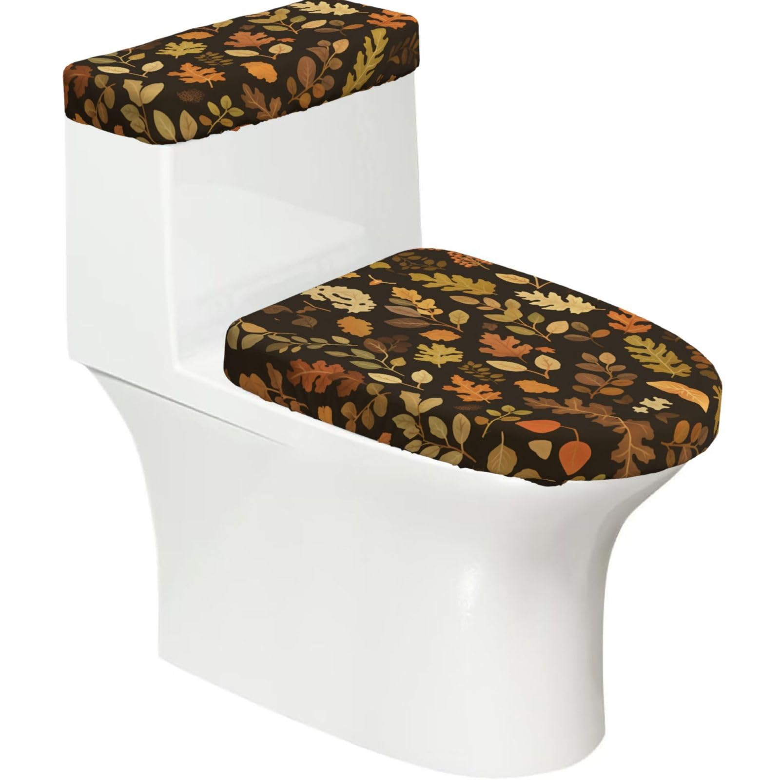 Wzycwb Black Autumn Leaves 2-Piece Toilet Seat Cover Set With Tank Lid, Elastic Fit For U-Shape & Elongated Toilets, Bathroom Decor, Housewarming Gift