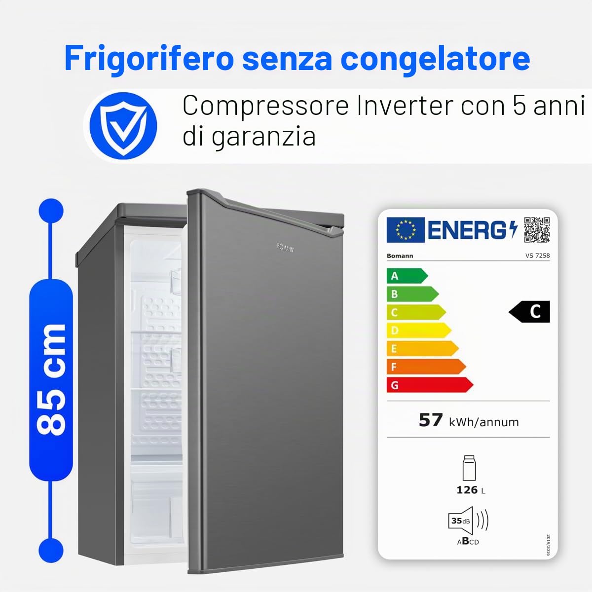 Frigorifero Bomann® senza scomparto congelatore, Classe energetica C, 85 cm, Garanzia compressore di 5 anni, Frigorifero compatto, 0-8 °C, Silenzioso 35 dB, 3 ripiani