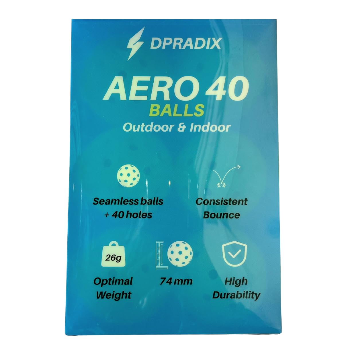 Bolas de Pickleball Dpradix AERO 40 - Pack 6 Pelotas Amarillo Neón, Marca Española, Alta Visibilidad, 40 Agujeros, 74 mm, Peso Óptimo 26g, Alta Durabilidad, Rebote Consistente, Uso Exterior e Interior