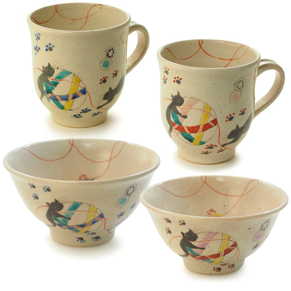 Amazon｜九谷焼 夫婦茶碗&ペアマグカップセット 【てまり猫】｜飯碗