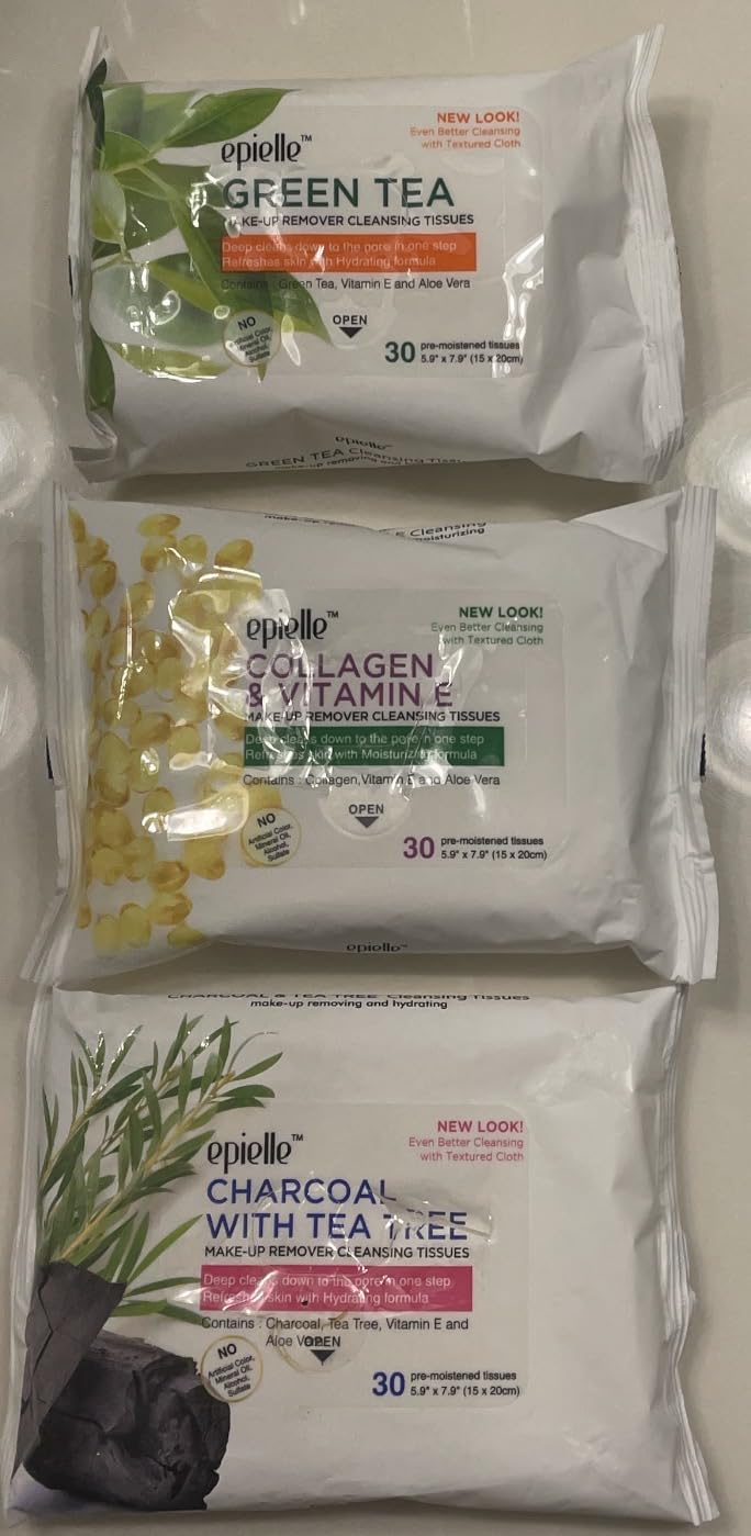 Epielle Gentle Skin Cleansing Wipes, 6 pack of 30 count each of Vitamin C, Cucumber, Aloe Vera, Collagen&Vitamin E, Green Tea, and Argan, Alcohol-Free, Hypoallergenic, Natural Extracts, Oily Skin