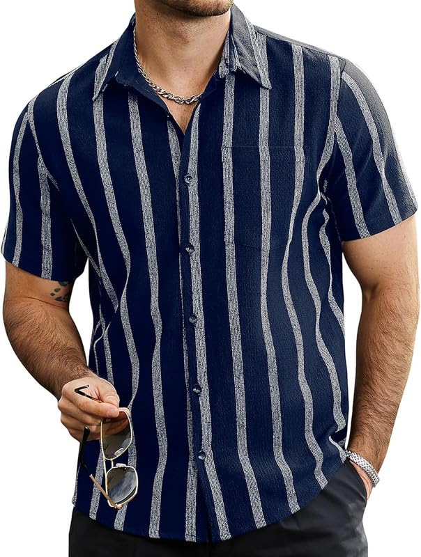 Impression Fab® Print Cotton Multi-Colored Short Sleeve Button Down Beach Outfits for Men Shirt