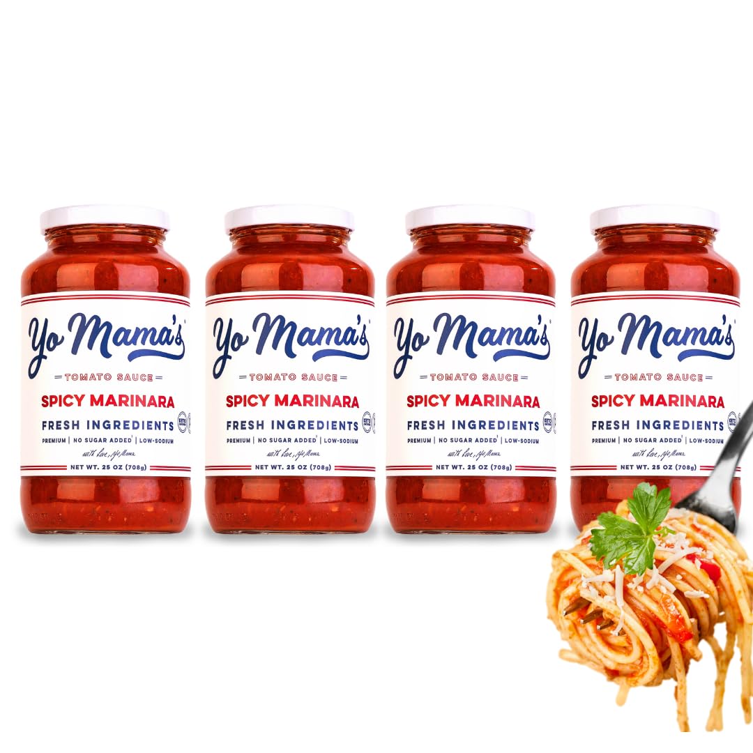 Yo Mama's Foods Keto SPICY Marinara Pasta Sauce - Pack of (4) - No Sugar Added, Low Carb, Low Sodium, Gluten Free, Paleo Friendly, and Made with Whole, Non-GMO Tomatoes.