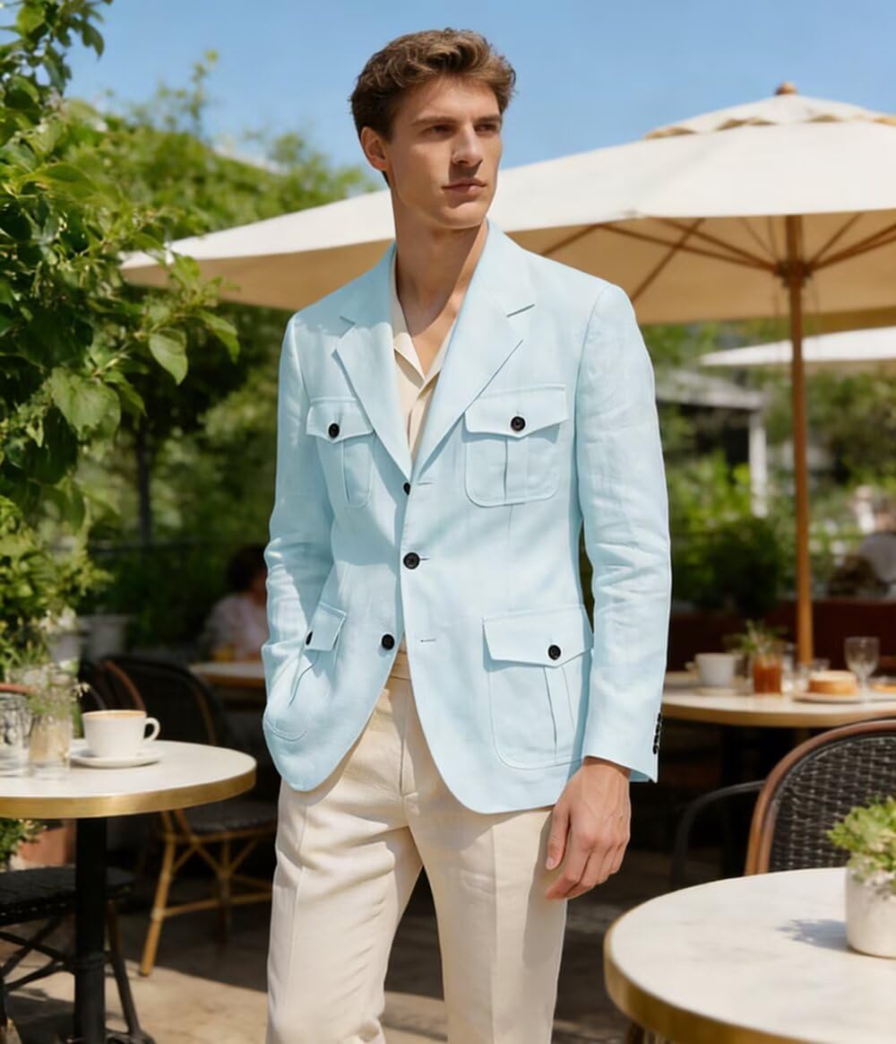 Men's Linen Safari Jacket Blazer Summer Casual Lightweight Sport Coat Regular Fit Suit Jacket with Pockets
